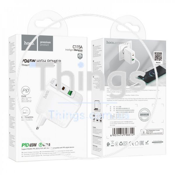 Home Charger 65W GaN 2PD QC 3.0 Hoco C115A &mdash; White K2-000078184 фото