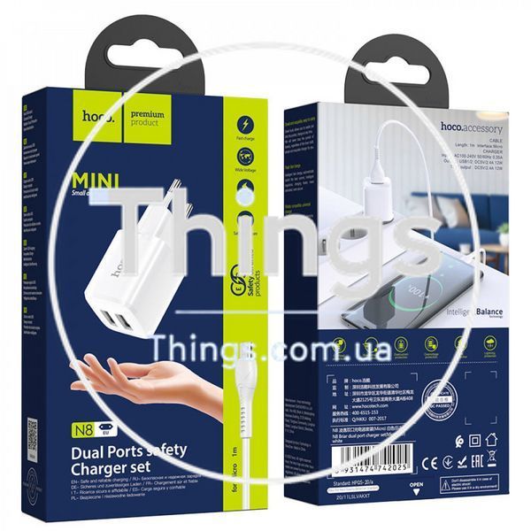Home Charger 2.4A 2U Micro Cable (1m) Hoco N8 &mdash; White К2-000071406 фото