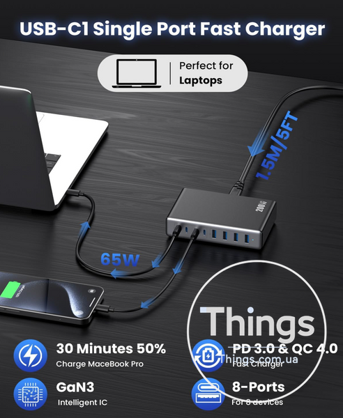 Блок живлення Зарядний HHETP LanLuk USB C Multiple 200 Вт 8 портів K1-000023 фото