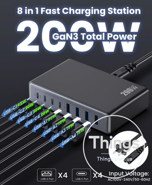 Блок живлення Зарядний HHETP LanLuk USB C Multiple 200 Вт 8 портів K1-000023 фото