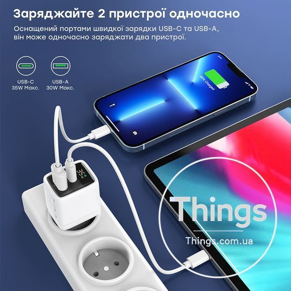 Мережевий зарядний пристрій Choetech PD6052 PD35W GAN A+C White K3-43-00128 фото