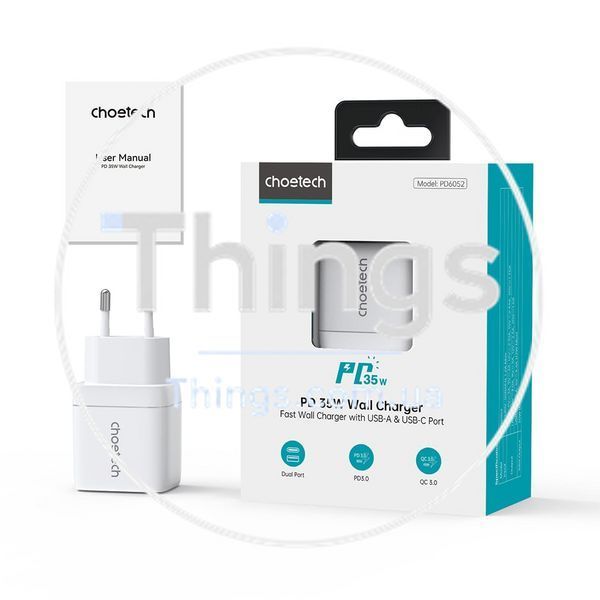 Мережевий зарядний пристрій Choetech PD6052 PD35W GAN A+C White K3-43-00128 фото